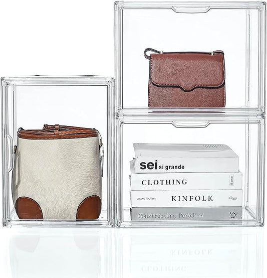 Purse Organizer for Closet, Clear Acrylic Display Case, Large Handbag Storage Organizer with Magnetic Door, 3 Pack Plastic Acrylic Boxes for Wallet, Cosmetic, Collectibles (X Large)