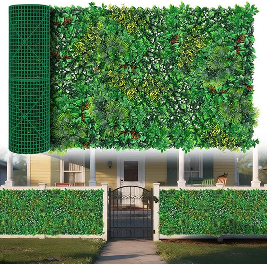 Artificial Grass Wall Panels, 40"x120" (33.33 sqft) Boxwood Wall Roll with Tropical Leaves, Faux Greenery Privacy Fence Screen, Grass Backdrop for Outdoor Indoor Garden Birthday Wedding Decor