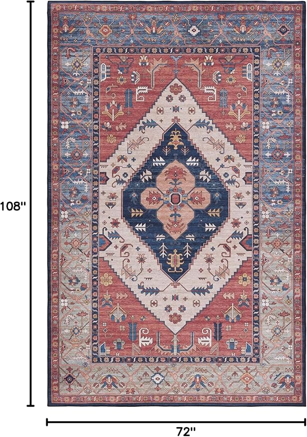 SAFAVIEH Washable Rug Tucson Collection - 6' x 9', Rust & Blue, Slip Resistant & Easy to Clean, Ideal for Living Room, Bedroom, Dining Space (TSN153P)