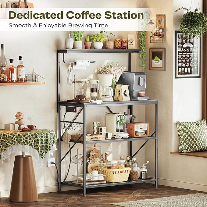 Huuger 4-Tier Bakers Rack with Reversible Power Outlet, 31.5 Inch Microwave Stand with Paper Towel Holder, Kitchen Bar, Larger Storage with Top Shelf, 6 S Hooks, Black