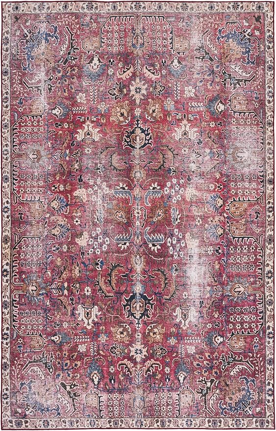 SAFAVIEH Washable Rug Tucson Collection - 6' x 9', Red & Beige, Slip Resistant & Easy to Clean, Ideal for Living Room, Bedroom, Dining Space (TSN174Q)