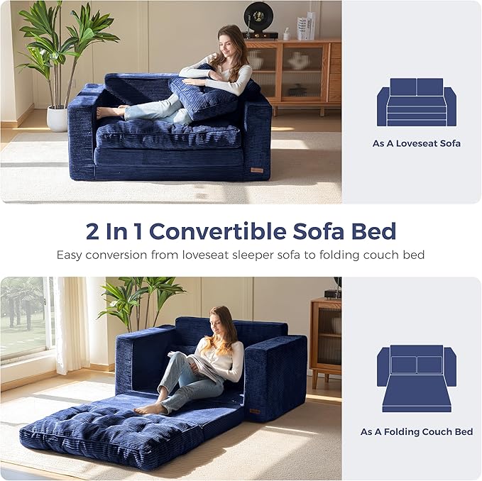 MAXYOYO Convertible Sofa Bed, Pull Out Loveseat Sleeper Sofa, Folding Couch Bed with Pillows for Living Room, Navy