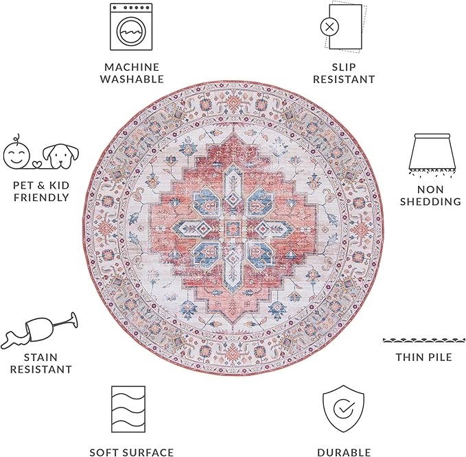 SAFAVIEH Washable Rug Tucson Collection - 6' Round, Beige & Blue, Slip Resistant & Easy to Clean, Ideal for Living Room, Bedroom, Dining Space (TSN109B)