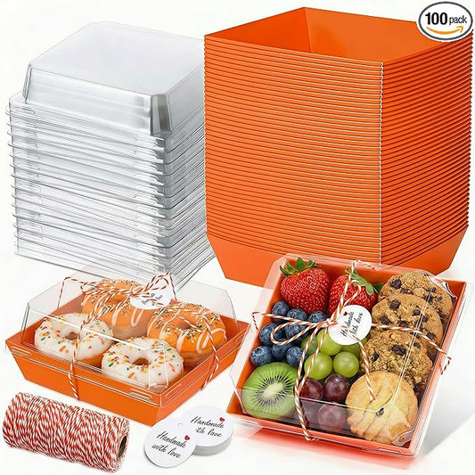 Outus 100 Pack Charcuterie Boxes with Clear Lids, 5.7 x 5.1 '', Mother 's Day Back to School Paper Food Containers Cake Take out Bakery Boxes with Gift Tags Rope for Desserts(Orange,Classic)