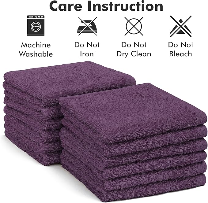 Face Towels Pack of 12 – 100% Cotton Wash Cloths (12x12 inch) – Soft, Quick Dry & Highly Absorbent Hand Towels for Bathroom, Spa, Gym, Kitchen and for Daily Use - (Dark Purple)