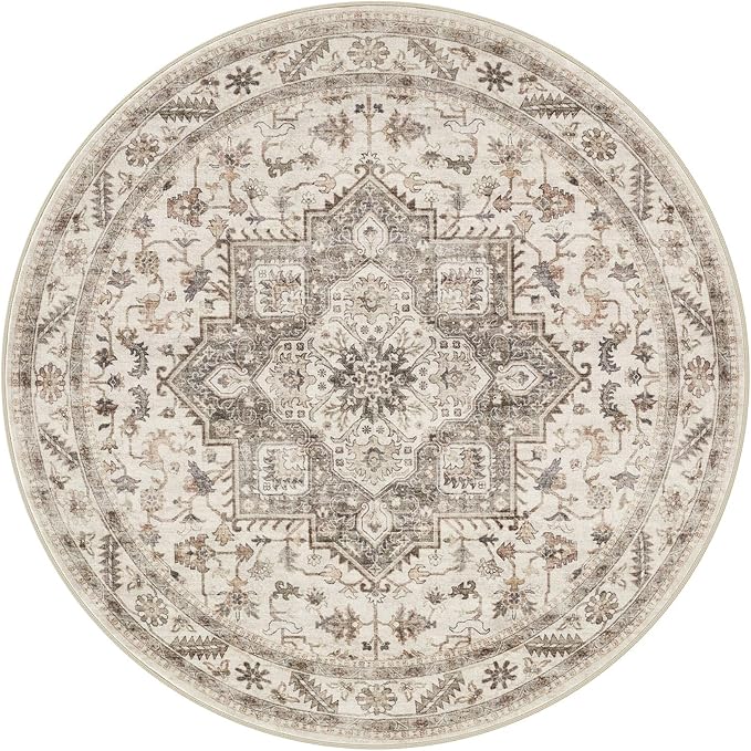 6ft Round Vintage Living Room Area Rug - 6x6 Large Soft Washable Oriental Traditional Distressed Farmhouse Rugs for Bedroom - Indoor Floor Accent Carpet for Home Office House Decor - Light Brown