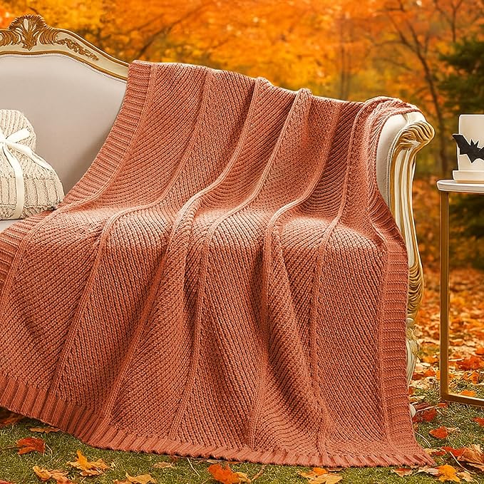 Chenille Knit Throw Blanket 50x60 - Burnt Orange Cozy Blanket for Couch & Sofa