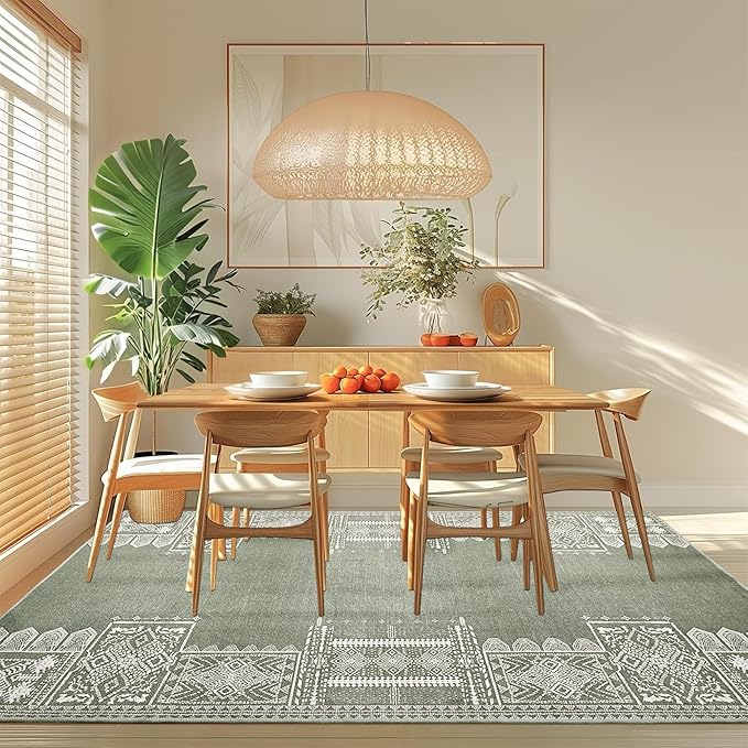 NICETOWN Machine Washable Sage Green Rug - 4 x 6 Rugs for Living Room Non-Slip Bedroom Vintage Trellis Ultra-Thin Throw Carpet for Dining Room Office