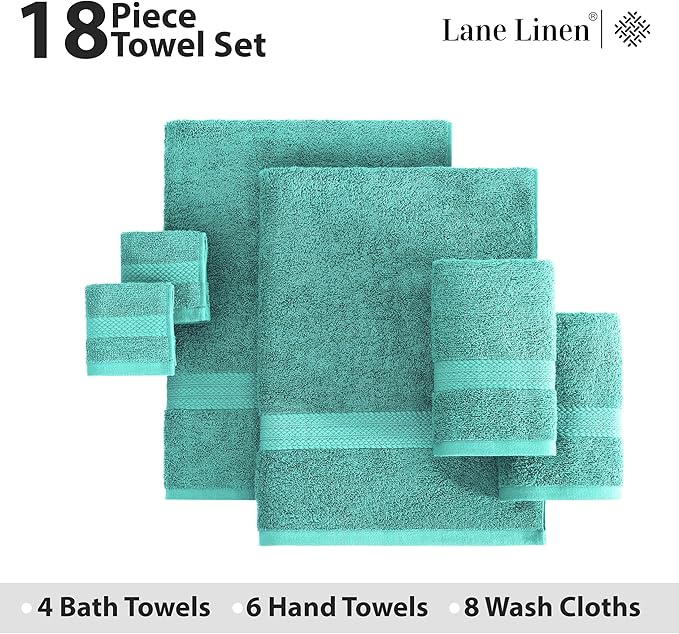 LANE LINEN 100% Cotton Bath Towels - 18 Pieces - Softer, Durable & Highly Absorbent - 4 Bath, 8 Wash Cloth, 6 Hand Towels - Perfect Family Set, Premium Quality, Oeko-TEX Certified - Teal