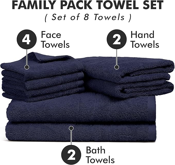 Bath Towels Set of 8 – 100% Cotton (Navy Blue) Bathroom Towel Set Bale Includes 2 Bath, 2 Hand, 4 Face Towels – Soft, Absorbent & Quick Dry Towel for Bathroom, Spa, Kitchen, Hotel Use