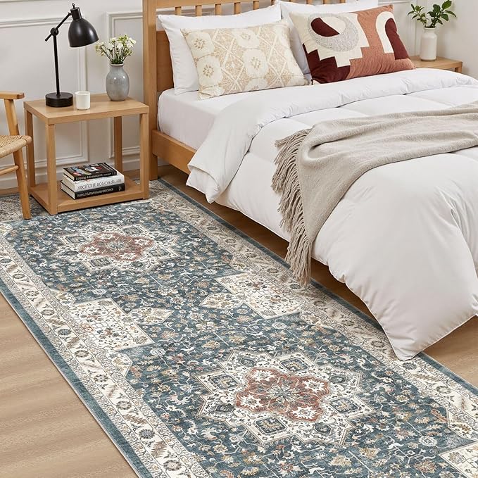 Vintage Hallway Runner Rug 3x8: Large Soft Washable Entryway for Kitchen Laundry Room Non-Slip Backing Runner for Entrance Living Room Bedroom Bathroom - Vintage Blue