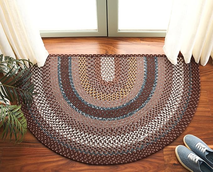 SAFAVIEH Washable Rug Outdoor Braided Collection - 2'6" x 4' Half Moon Shape, Brown & Multi, Handmade & Reversible, Non-Shedding & Easy to Clean, Ideal for Patio, Backyard, Mudroom (BRD313A)