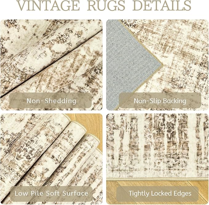 Madane 8x10 Area Rugs for Living Room, Machine Washable Vintage Natural Rug with Anti-Slip Backing, Soft Large Throw Rugs, Low Pile Carpet for Bedroom Dining Room Farmhouse Brown
