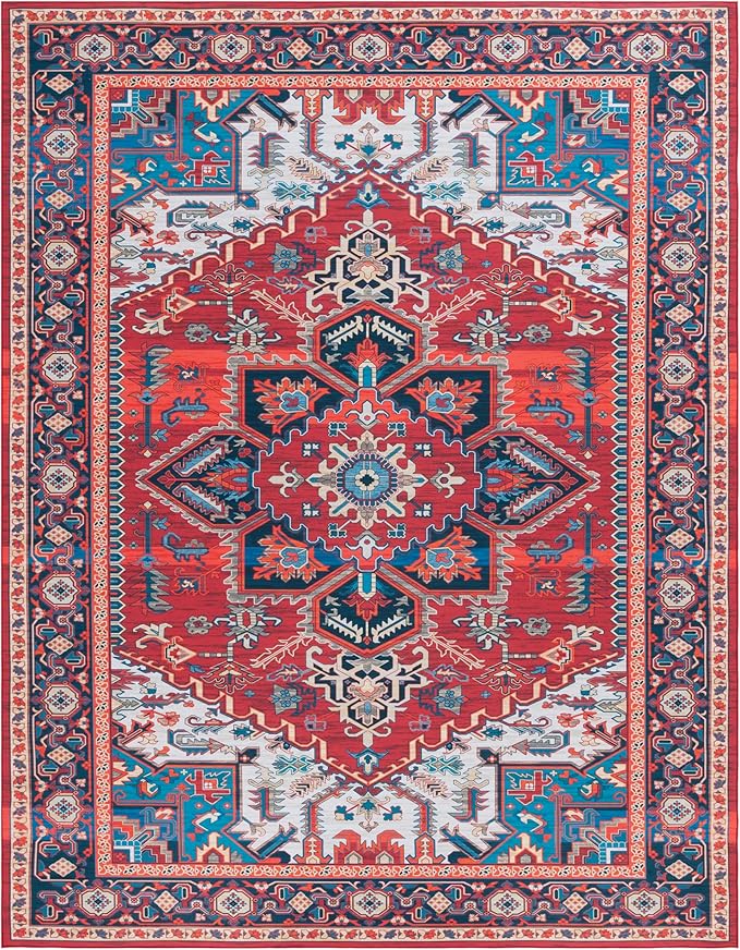 SAFAVIEH Washable Rug Tucson Collection - 8' x 10', Red & Blue, Slip Resistant & Easy to Clean, Ideal for Living Room, Bedroom, Dining Space (TSN101Q)
