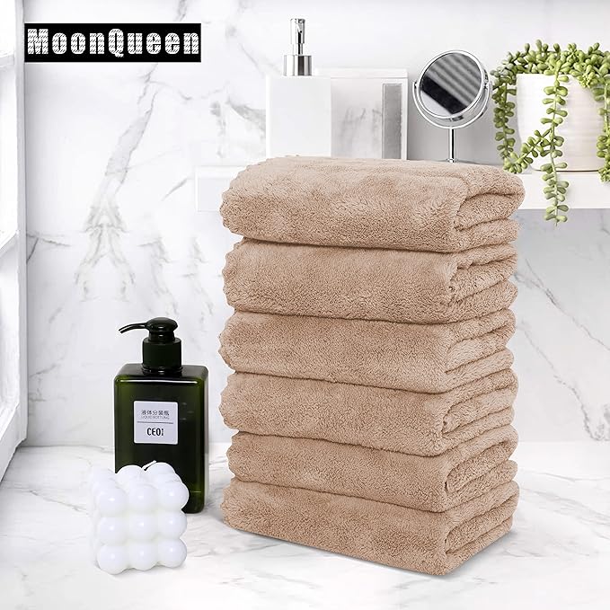 6 Pack Premium Hand Towels - Quick Drying - Microfiber Coral Velvet Highly Absorbent Towels - Multipurpose Use as Hotel, Bathroom, Shower, Spa, Hand Towel 16 x 28 inches (Brown)