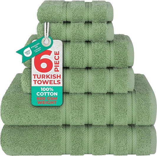 American Soft Linen Luxury 6 Piece Towel Set, 2 Bath Towels 2 Hand Towel 2 Washcloths, 600 GSM 100% Cotton Turkish Towels for Bathroom, Sage Green Towel Sets