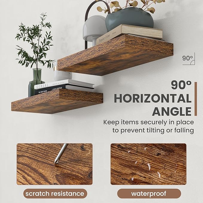 40 Inch Floating Shelves, 8 Inch Deep Floating Shelves for Wall, Hanging Shelf with Invisible Brackets, Deep Shelves for Bathroom, Bedroom, Living Room, Brown, Set of 2