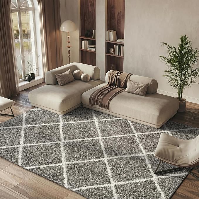 SAFAVIEH Hudson Shag Collection X-Large Area Rug - 11' x 15', Grey & Ivory, Modern Trellis Design, Non-Shedding & Easy Care, 2-inch Thick Ideal for High Traffic Areas in Living Room, Bedroom (SGH281B)