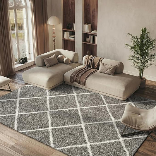SAFAVIEH Hudson Shag Collection X-Large Area Rug - 11' x 15', Grey & Ivory, Modern Trellis Design, Non-Shedding & Easy Care, 2-inch Thick Ideal for High Traffic Areas in Living Room, Bedroom (SGH281B)