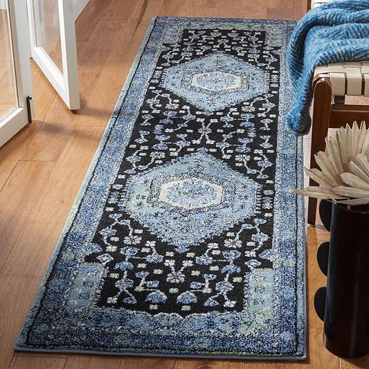 SAFAVIEH Vintage Hamadan Collection Runner Rug - 2'3" x 8', Light Blue & Black, Traditional Oriental Design, Non-Shedding & Easy Care, Ideal for High Traffic Areas in Living Room, Bedroom (VTH204J)