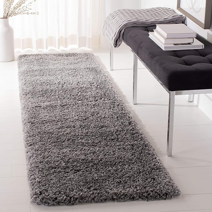 SAFAVIEH Fontana Shag Collection Runner Rug - 2'3" x 8', Silver, Solid Design, Non-Shedding & Easy Care, 2-inch Thick Ideal for High Traffic Areas in Living Room, Bedroom (FNT800G)
