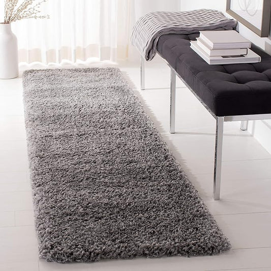 SAFAVIEH Fontana Shag Collection Runner Rug - 2'3" x 8', Silver, Solid Design, Non-Shedding & Easy Care, 2-inch Thick Ideal for High Traffic Areas in Living Room, Bedroom (FNT800G)