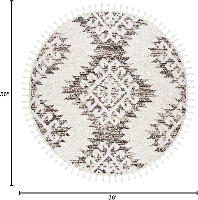 SAFAVIEH Moroccan Tassel Shag Collection Area Rug - 3' Round, Ivory & Brown, Boho Design, Non-Shedding & Easy Care, 2-inch Thick Ideal for High Traffic Areas in Living Room, Bedroom (MTS652A)