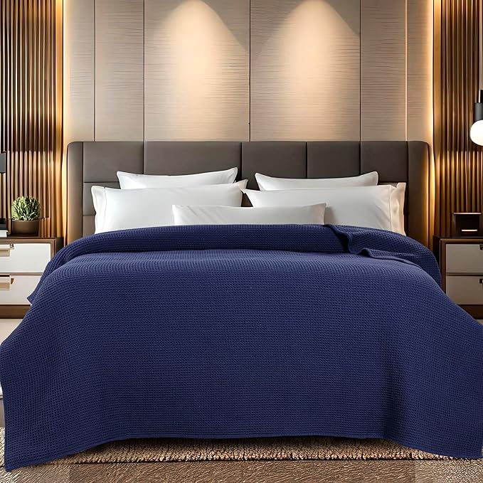 Bed & Bath Home Premium 100% Cotton Waffle Weave Blanket Queen Size – Soft Breathable Lightweight Comfort, Natural All-Season Bed Blanket, Easy-Care Bedspread for Bed & Couch (Navy Blue)
