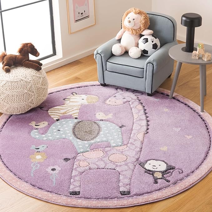 SAFAVIEH Carousel Kids Collection Area Rug - 4' Round, Purple, Animal Design, Easy Care & Non-Shedding, Ideal for High Traffic Areas for Boys & Girls in Playroom, Nursery (CRK120V-4R)