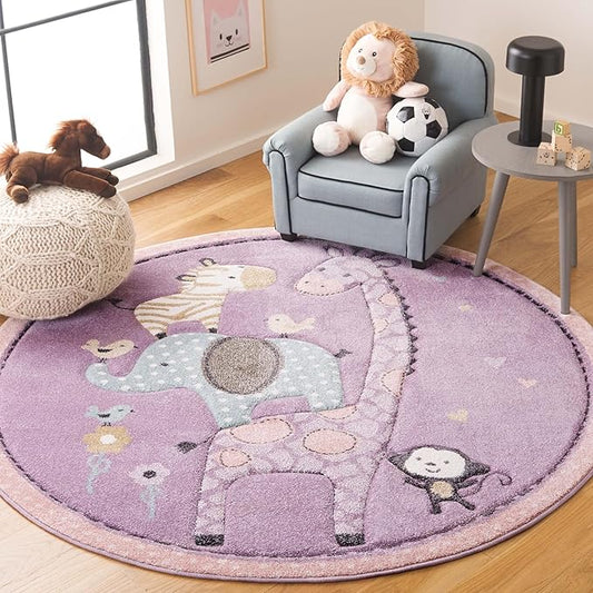 SAFAVIEH Carousel Kids Collection Area Rug - 4' Round, Purple, Animal Design, Easy Care & Non-Shedding, Ideal for High Traffic Areas for Boys & Girls in Playroom, Nursery (CRK120V-4R)