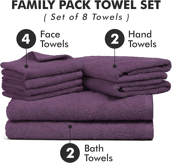 Bath Towels Set of 8 – 100% Cotton (Dark Purple) Bathroom Towel Set Bale Includes 2 Bath, 2 Hand, 4 Face Towels – Soft, Absorbent & Quick Dry Towel for Bathroom, Spa, Kitchen, Hotel Use