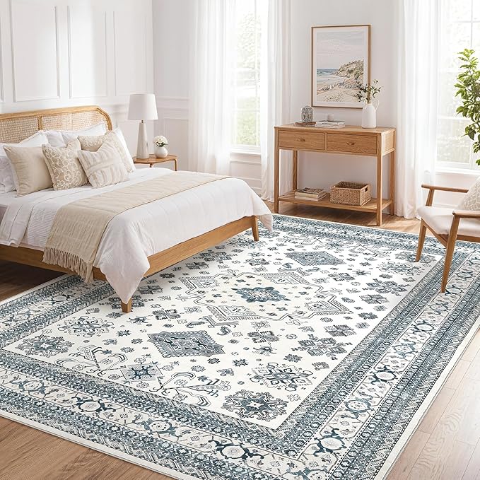 Vintage Living Room Area Rug 6x9 - Large Soft Washable Oriental Traditional Distressed Farmhouse Rugs for Bedroom - Indoor Floor Accent Carpet for Home Office House Decor - Powder Blue