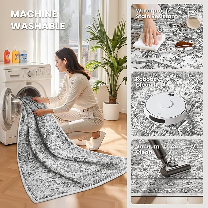 zesthome 5x7 Area Rugs - Ultra-Thin Washble Rug, Stain Resistant Anti Slip Backing Rugs for Living Room,Bedroom, Vintage Home Decor Area Rug (Grey/White,5'x7')