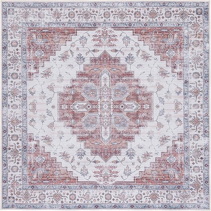 SAFAVIEH Washable Rug Tucson Collection - 6' Square, Ivory & Rust, Slip Resistant & Easy to Clean, Ideal for Living Room, Bedroom, Dining Space (TSN109A)