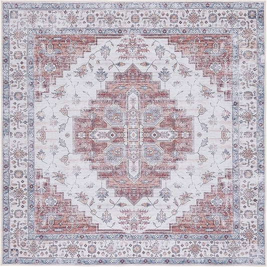 SAFAVIEH Washable Rug Tucson Collection - 6' Square, Ivory & Rust, Slip Resistant & Easy to Clean, Ideal for Living Room, Bedroom, Dining Space (TSN109A)