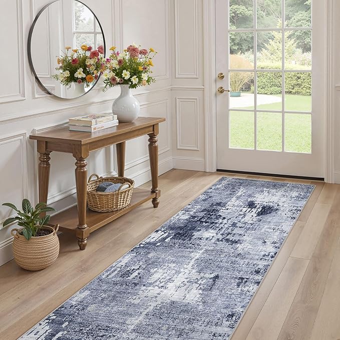 Washable Runner Rug for Hallway: 2x6 Neutral Modern Abstract Low Pile Area Rug with Non-Slip Backing - Carpet for Bedroom Kitchen Laundry Entryway Bathroom Indoor - Navy Blue