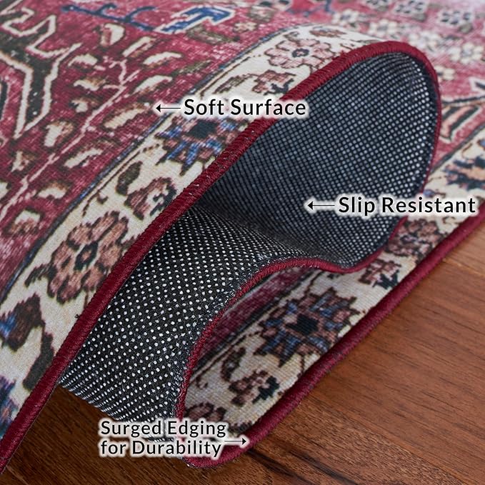 SAFAVIEH Washable Rug Tucson Collection - 4' x 6', Red & Beige, Slip Resistant & Easy to Clean, Ideal for Foyer, Kitchen, Nursery, Office, Bedroom (TSN174Q)