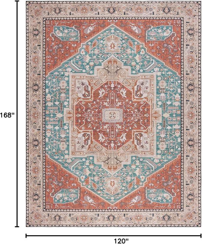 SAFAVIEH Washable Rug Tucson Collection - 10' x 14', Aqua & Rust, Slip Resistant & Easy to Clean, Ideal for Living Room, Bedroom, Dining Space (TSN150J)