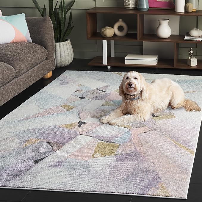SAFAVIEH Porcello Collection Area Rug - 4' x 6', Blue & Pink, Modern Abstract Pattern, Non-Shedding & Easy Care, Ideal for Living Room, Foyer, Bedroom (PRL6937J-4)