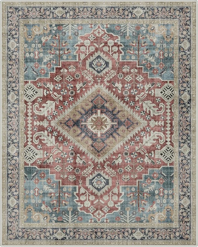 GENIMO 5X7 Washable Vintage Area Rugs for Living Room, Non-Slip Low Pile Chenille Print Rug, Soft Rugs for Bedroom Dining Room Home Office, Indigo & Flush
