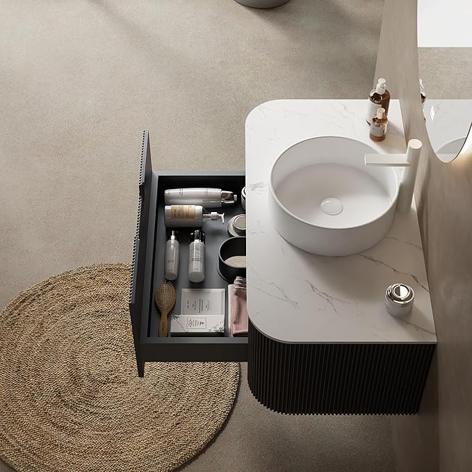 KEIKI 36" Bathroom Vanity Cabinet with Sink Combo, Wall Mounted Curved Edges Striped Floating Bathroom Vanity with Soft-Close Drawer, White Round Ceramic Basin Without Faucet, Black
