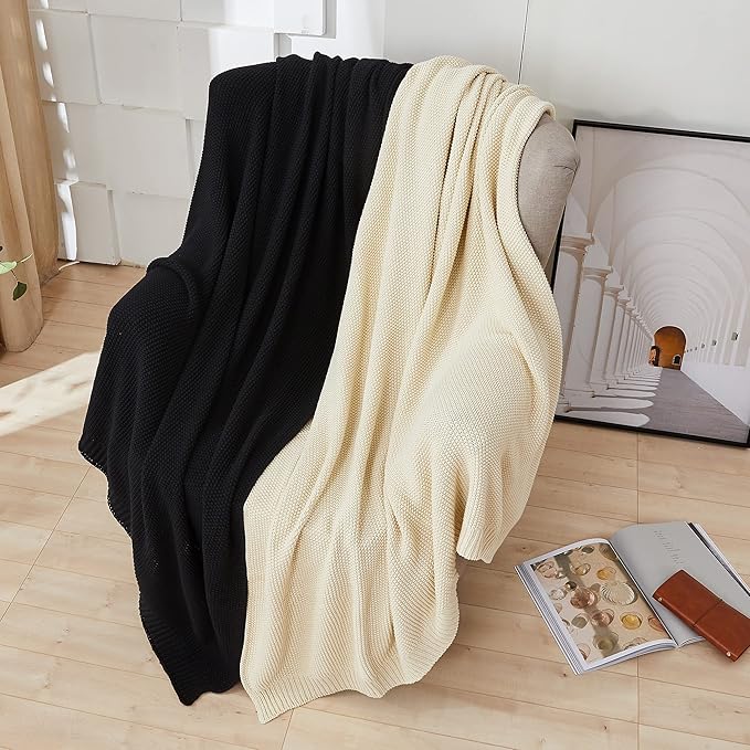 Longhui bedding Black Cotton Cable Knit Throw Blanket for Couch Sofa Chair Bed Home Decorative, 2.5 Pounds 50 x 60 Inch Lightweight Woven Throw Blankets with Bonus Laundering Bag, Machine Wash
