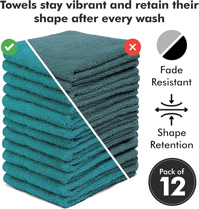 Face Towels Pack of 12 – 100% Cotton Wash Cloths (12x12 inch) – Soft, Quick Dry & Highly Absorbent Hand Towels for Bathroom, Spa, Gym, Kitchen and for Daily Use - (Teal)