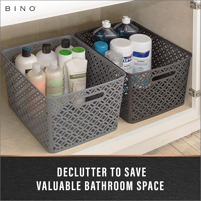 BINO l Plastic Storage Baskets, XLarge - Grey | THE BLOSSOM COLLECTION l Multi-Use Organizer Bin l Built-in Handles l Plastic Woven Basket for Organizing l Pantry & Home Organizing Basket