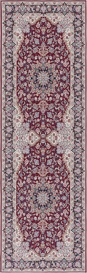 SAFAVIEH Washable Rug Tucson Collection - 2'6" x 12' Runner, Red & Navy, Slip Resistant & Easy to Clean, Ideal for Living Room, Bedroom, Dining Space (TSN135Q)