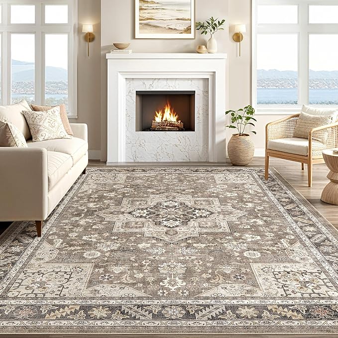 Vintage Living Room Area Rug 10x14 - Large Soft Washable Oriental Traditional Distressed Farmhouse Rugs for Bedroom - Indoor Floor Accent Carpet for Home Office House Decor - Brown