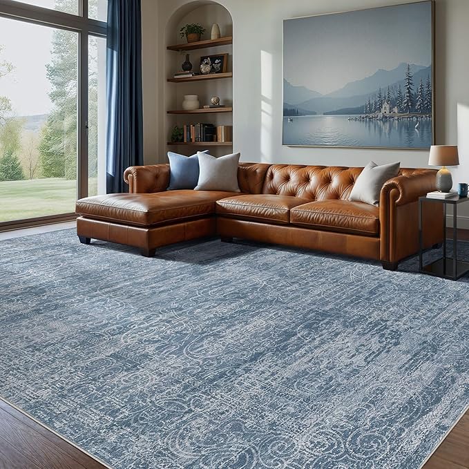 Area Rug Living Room Rugs - 9x12 Abstract Large Soft Indoor Washable Rug Neutral Modern Low Pile Carpet for Bedroom Dining Room Farmhouse Home Office - Dark Blue