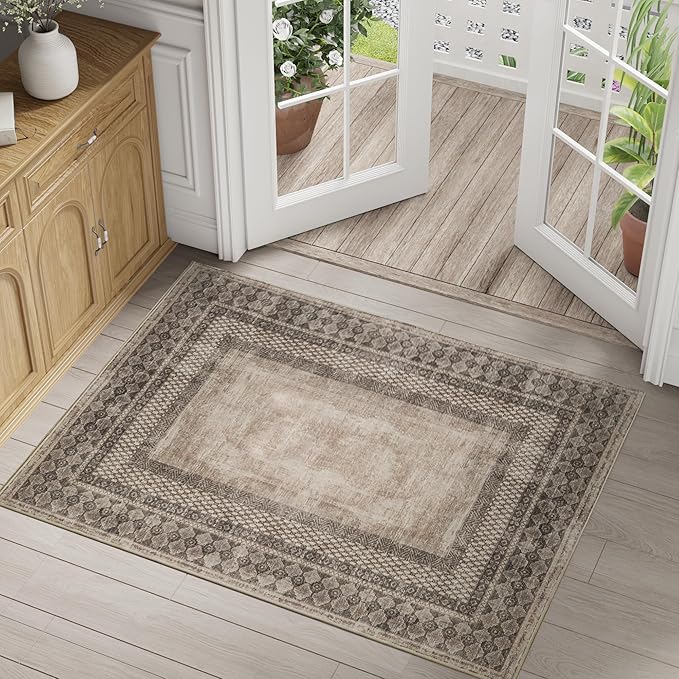 NICETOWN 2x3 Area Rug Washable Non Slip Brown Oriental Carpet for Entryway Kitchen, Stain Resistant Foldable Small Throw Rug Pet & Kids Friendly for Bathroom
