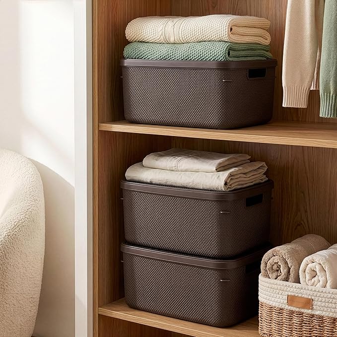 BINO | Plastic Storage Bins with Lids, 13 Liter - 3 Pack, Dark Brown | THE TWILL COLLECTION | Plastic Bins for Organization | Woven Storage Baskets for Organizing | Pantry Shelf Organizer Basket Bin