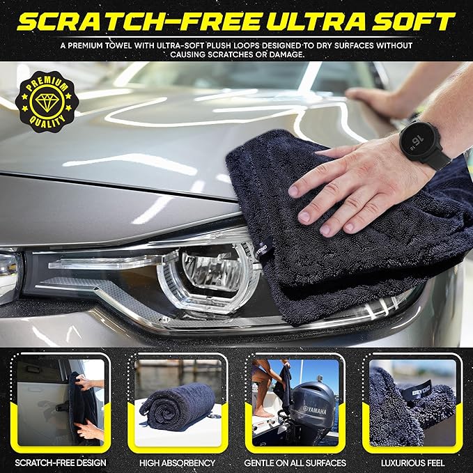 Beyond Drying Towel 1300 GSM - Super Absorbent Large Premium Microfiber Detailing Towel for Cars and Boats - Twisted Loop Microfiber Technology - One-Pass Scratch and Streak Free - 24' x 36' Black